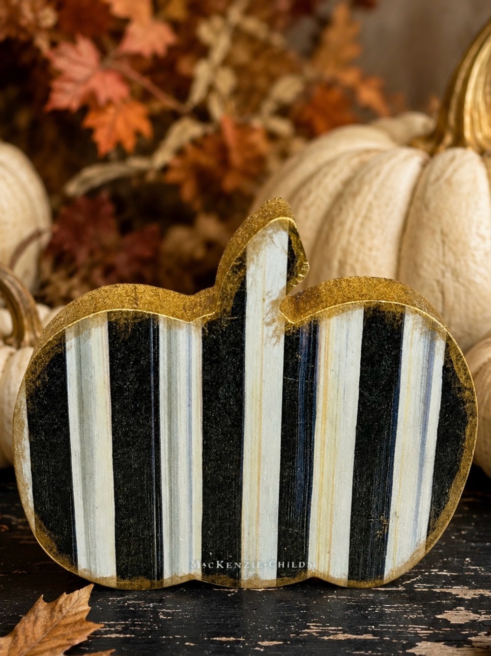Hand Crafted Courtly Stripe Wood Pumpkin Black 6”